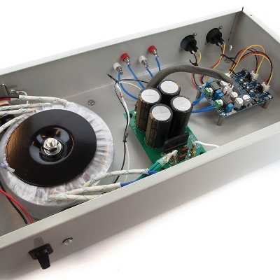 Inside a DIY audio amplifier.