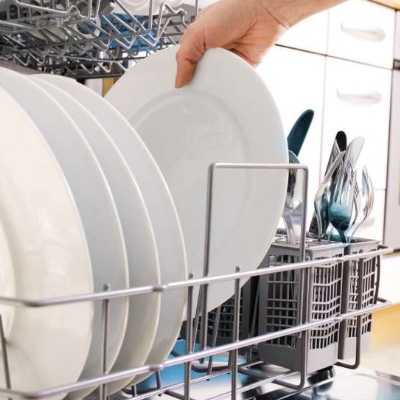 Dishes in a dishwasher.